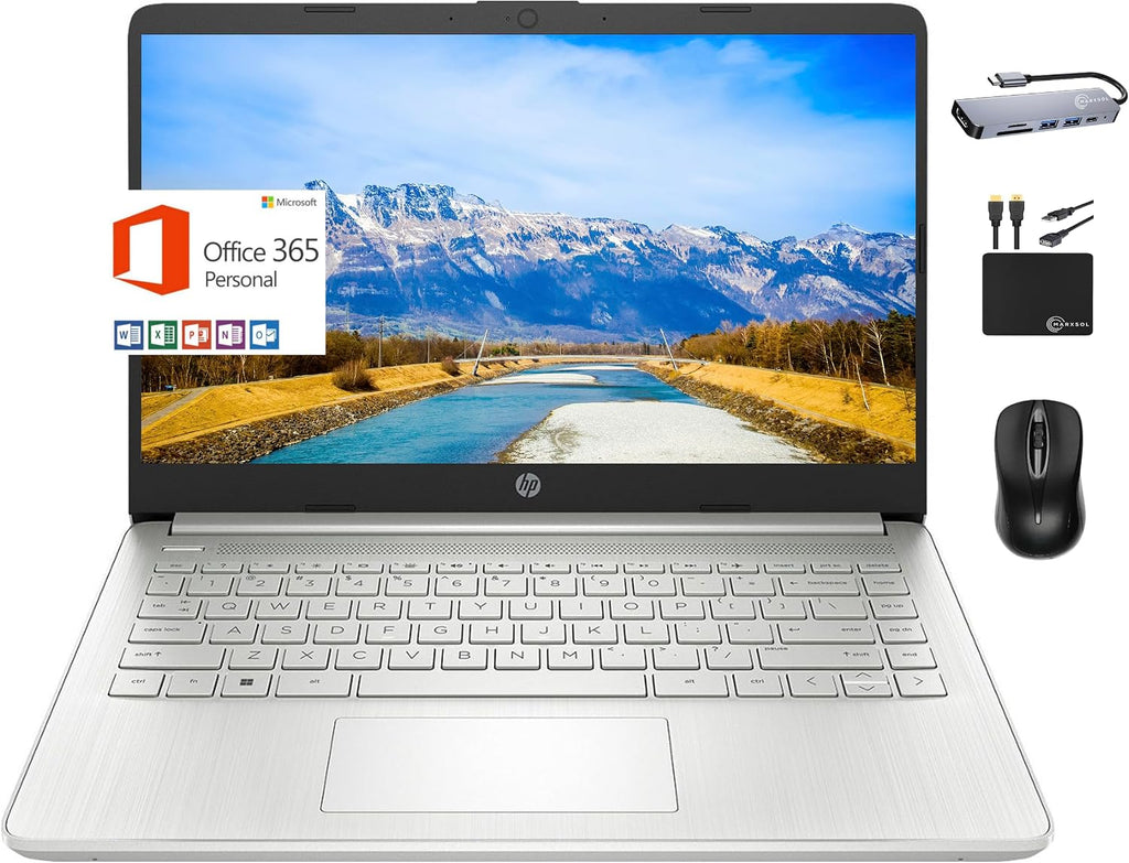 HP 2024 Premium 14' Micro-edge Portable Laptop Student Business, Intel Quad-Core N4120, 16GB RAM, 384GB (128GB eMMC+ 256GB Card), Webcam, WiFi, Windows 11S + 1 Year Office 365, MarxsolAccessory Silver