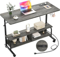 Armocity Rolling Standing Desk with Power Outlets, 47' Manual Height Adjustable Mobile Computer Desk with Wheels, Portable Sit Stand Laptop Couch Table for Bed & Sofa Home Office, Grey Oak