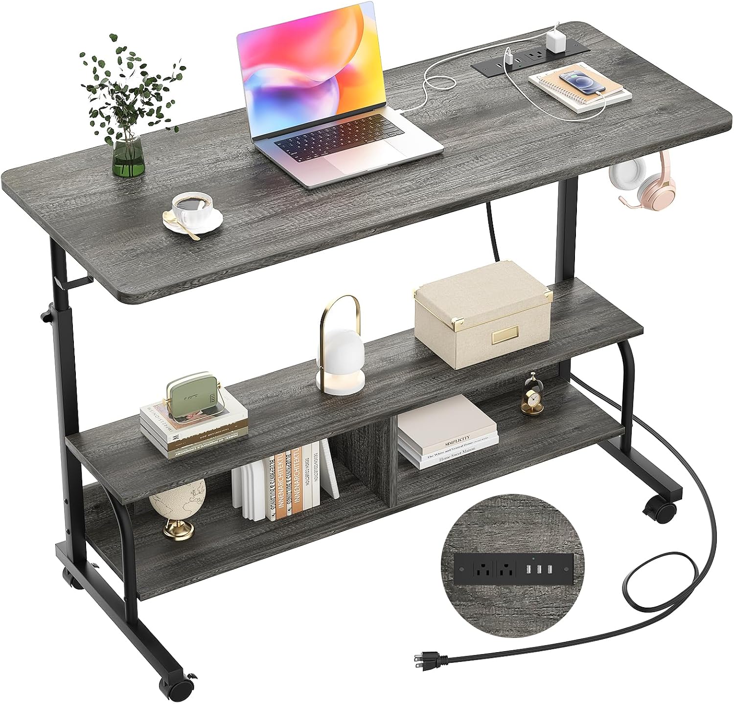 Armocity Rolling Standing Desk with Power Outlets, 47' Manual Height Adjustable Mobile Computer Desk with Wheels, Portable Sit Stand Laptop Couch Table for Bed & Sofa Home Office, Grey Oak