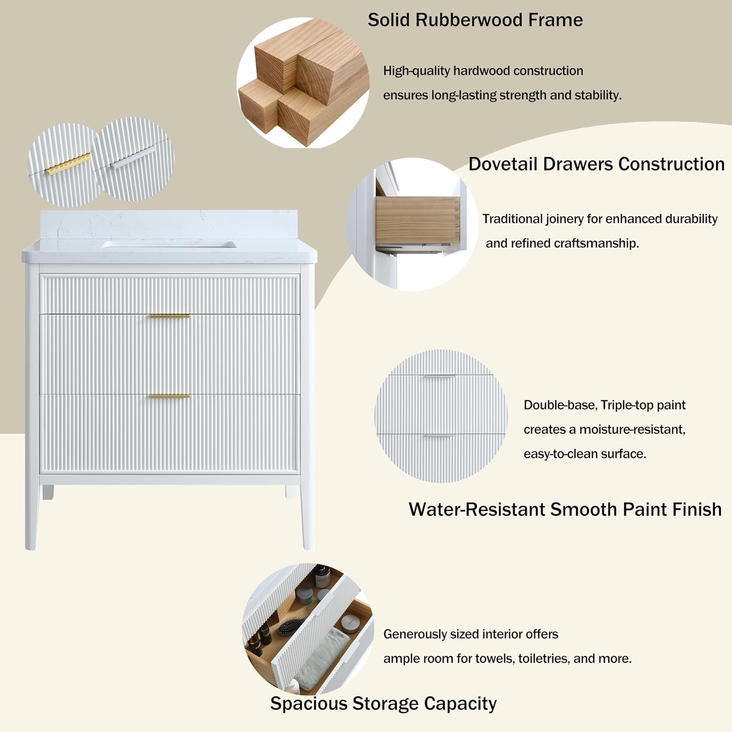 36-Inch Fully Assembled Freestanding Single Sink Bathroom Vanity, 2 Handle Sets (Silver/Gold), Engineered Carrara Marble Top & Solid Rubber Wood, White