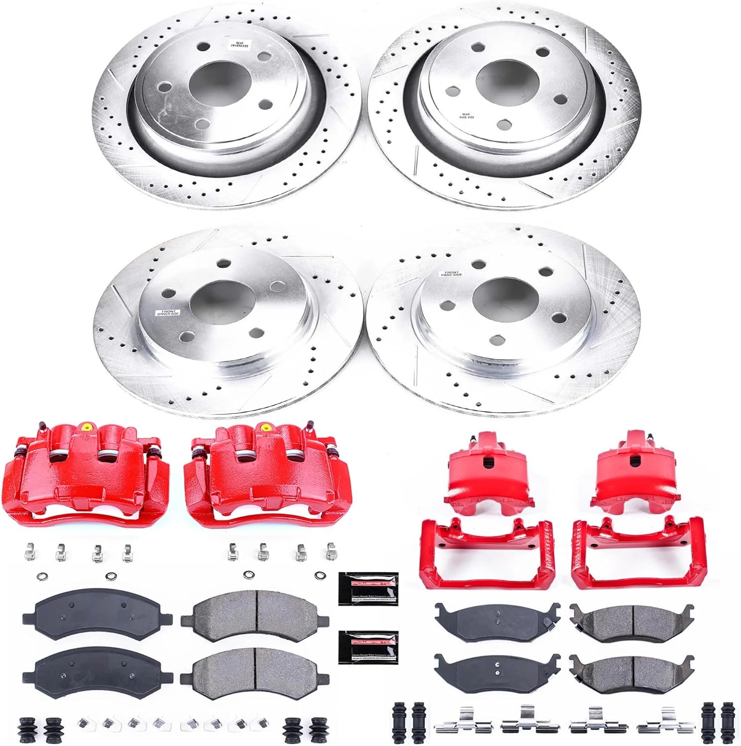 PowerStop Front and Rear Brake Kit for Chrysler Aspen 2007-09 |Dodge Durango 2007-09 - Carbon-Fiber Ceramic Brake Pads + Drilled & Slotted Rotors + Red Powder Coated Calipers, KC2164A