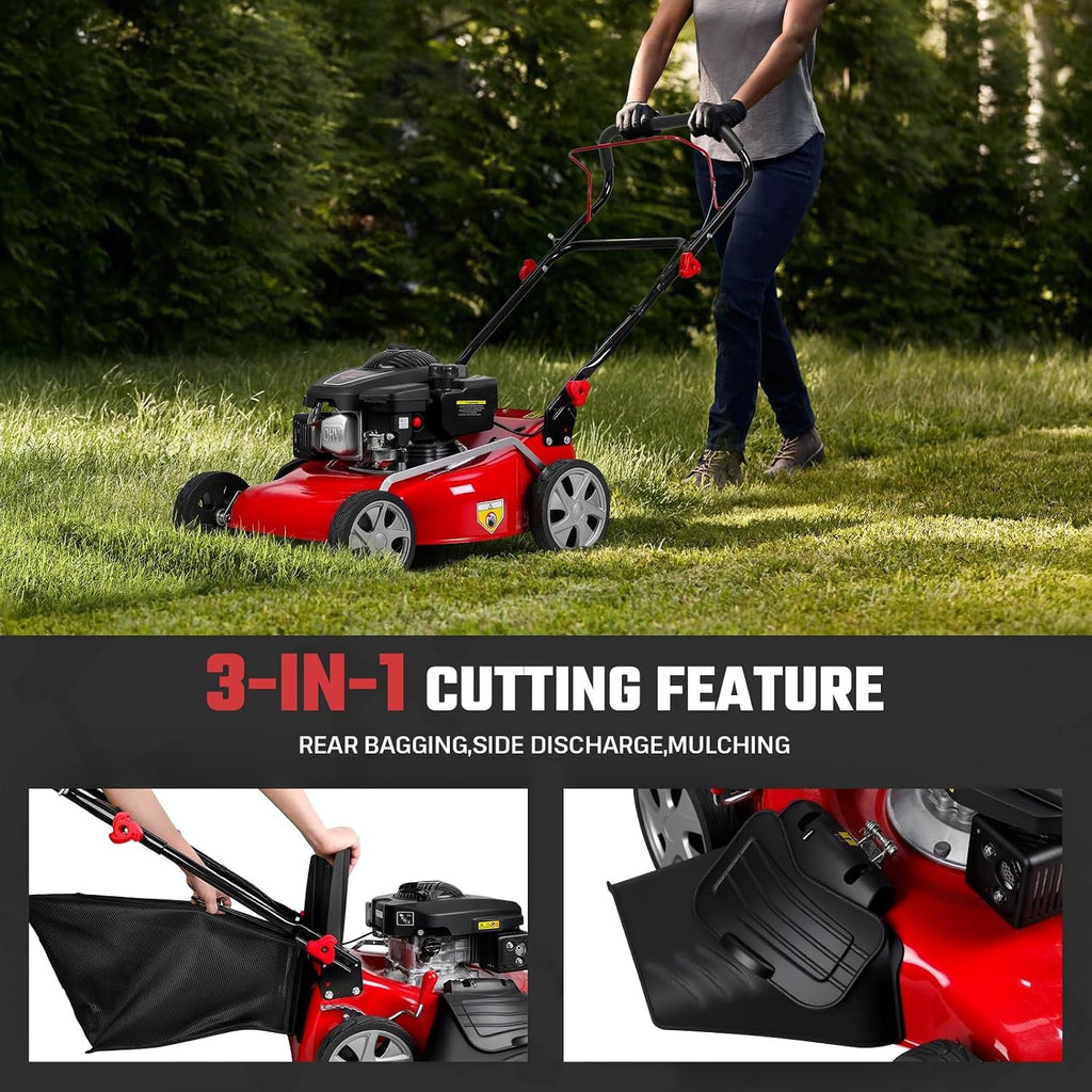 131cc Self Propelled Gas Lawn Mower, 3-in-1 (Bag/Mulch/Side Discharge) with 50L Grass Bag & 8 Height Settings, 21 Inch Cutting Deck & Large Collection Bag, Ideal for Hilly or Uneven Lawns Red
