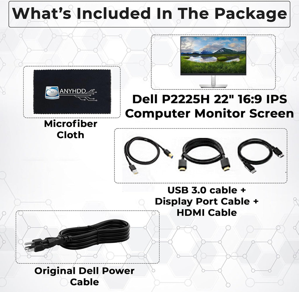 Dell P2225H 22' 16:9 IPS Computer Monitor Screen with DisplayPort and USB 3.0 Upstream Cables with Power Cord + USB 3.0 Upstream + Display Port + HDMI + Microfiber Cloth (Renewed)