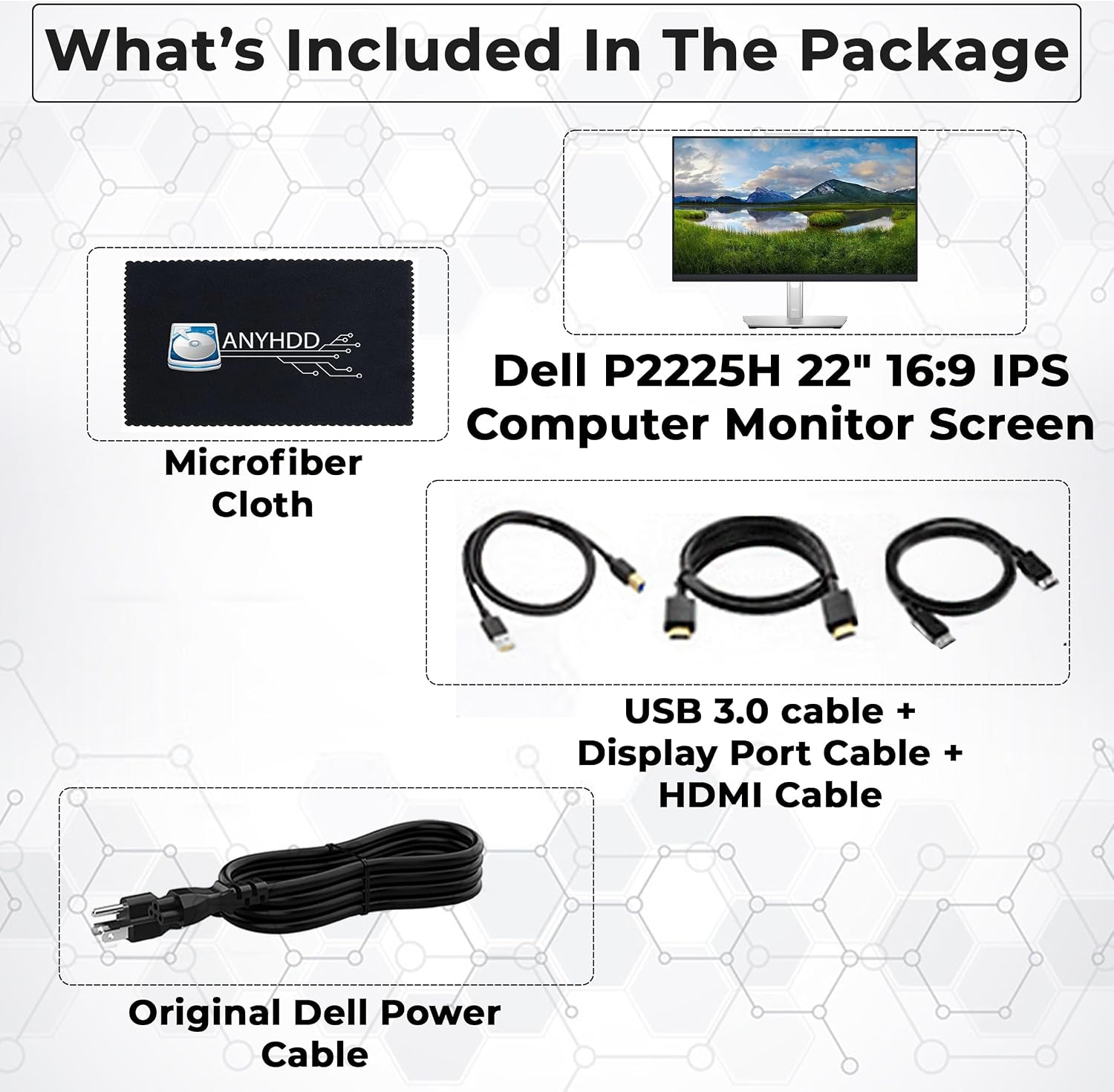 Dell P2225H 22' 16:9 IPS Computer Monitor Screen with DisplayPort and USB 3.0 Upstream Cables with Power Cord + USB 3.0 Upstream + Display Port + HDMI + Microfiber Cloth (Renewed)