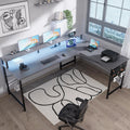 Pamray 64 Inch L Shaped Gaming Desk with Power Outlets and Led Lights, Large Corner Computer Desk with Monitor Stand and Pegboard, PC Table for Home Office and Bedroom Grey