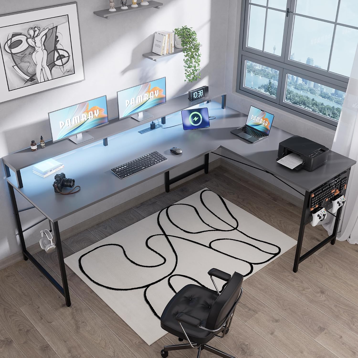 Pamray 64 Inch L Shaped Gaming Desk with Power Outlets and Led Lights, Large Corner Computer Desk with Monitor Stand and Pegboard, PC Table for Home Office and Bedroom Grey