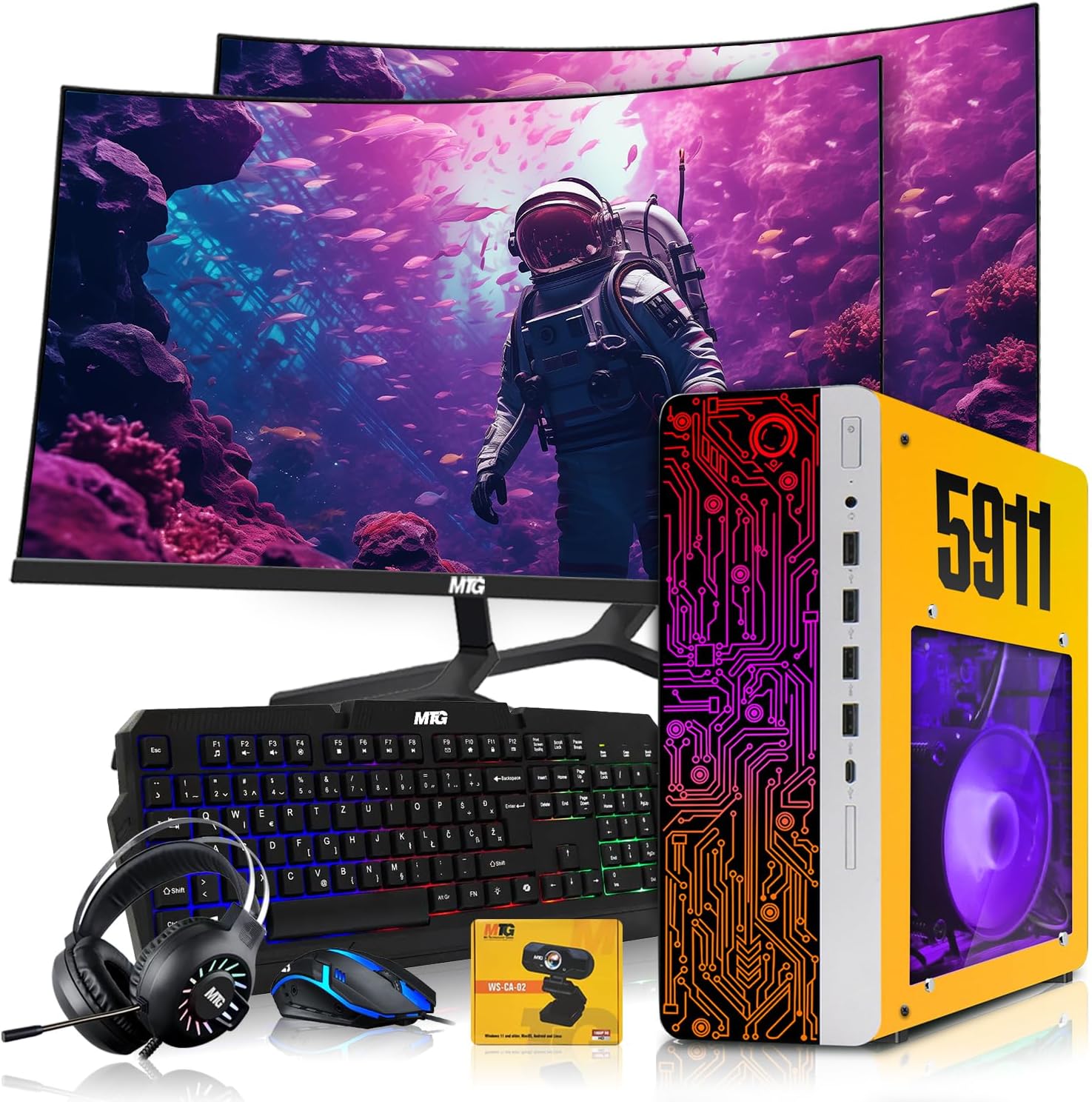 HP Gaming PC Desktop Computer 5911 AMD A10-9700, RX 550, 16GB RAM, 1TB SSD, Dual 32 Inch Curved Monitor, RGB KBM with AI Copilot, WiFi, RGB Headphone, Webcam, Windows 11 (Renewed)