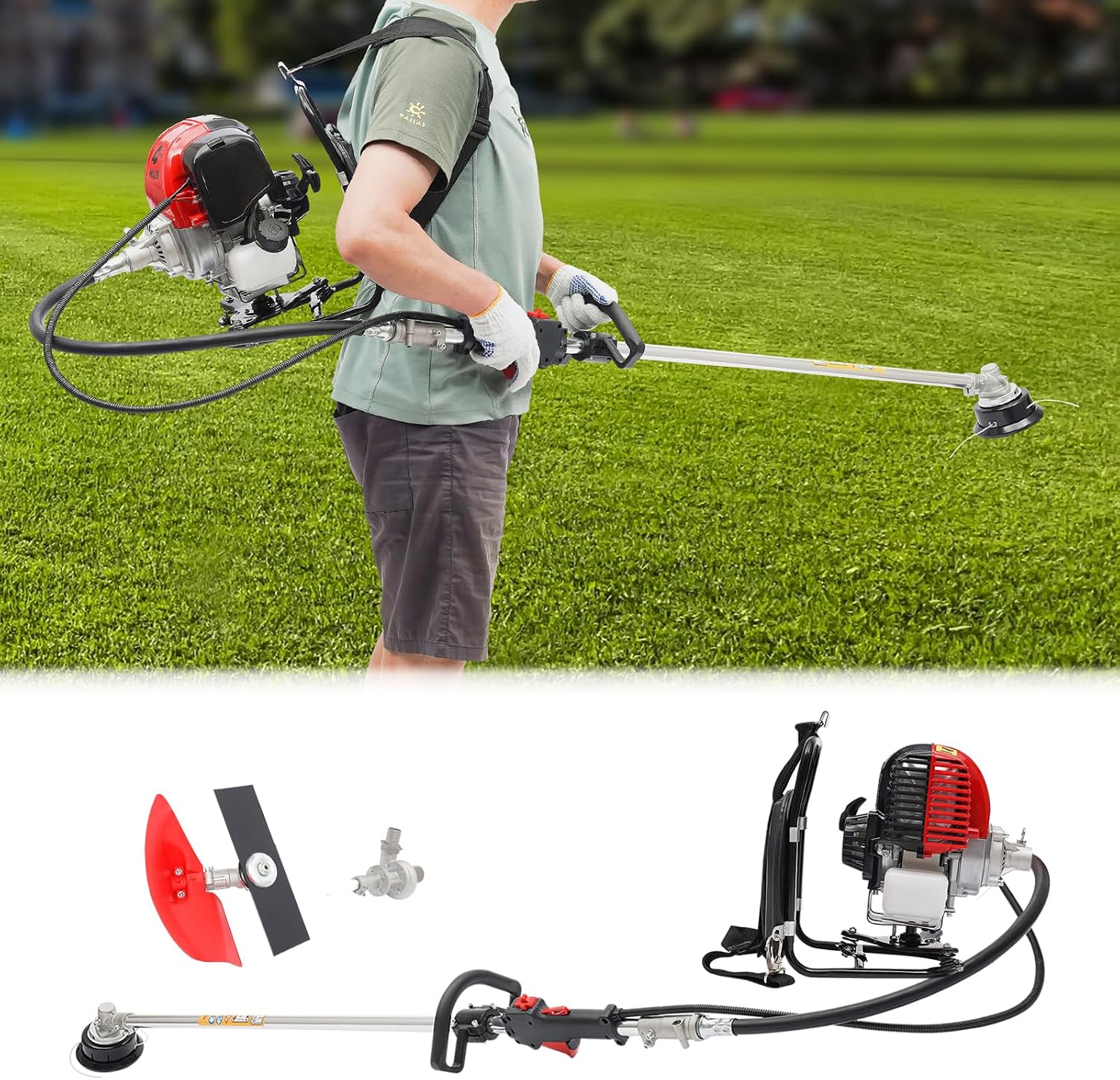 Brush Cutter, 2 in1 Backpack 4 Stroke Gas Power Weed Wacker, 750W Air-Cooling Tiller Grass Hedge Trimmer Lawn Mower Weed Eater for Weeding and Irrigation