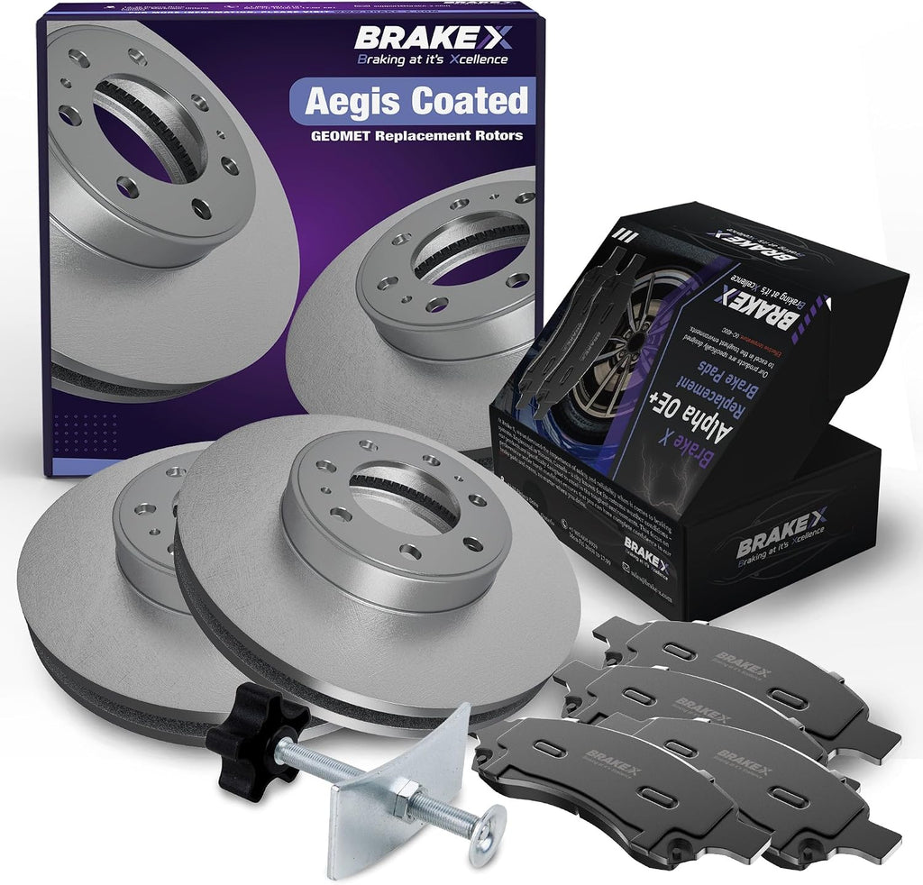 Brake X Front Brake Pads and Rotors Kit with brake caliper compression tool replacement for 2011-2013 FORD FIESTA | AEGIS GEOMET Coated Rotors and Alpha Ceramic Brake Pads