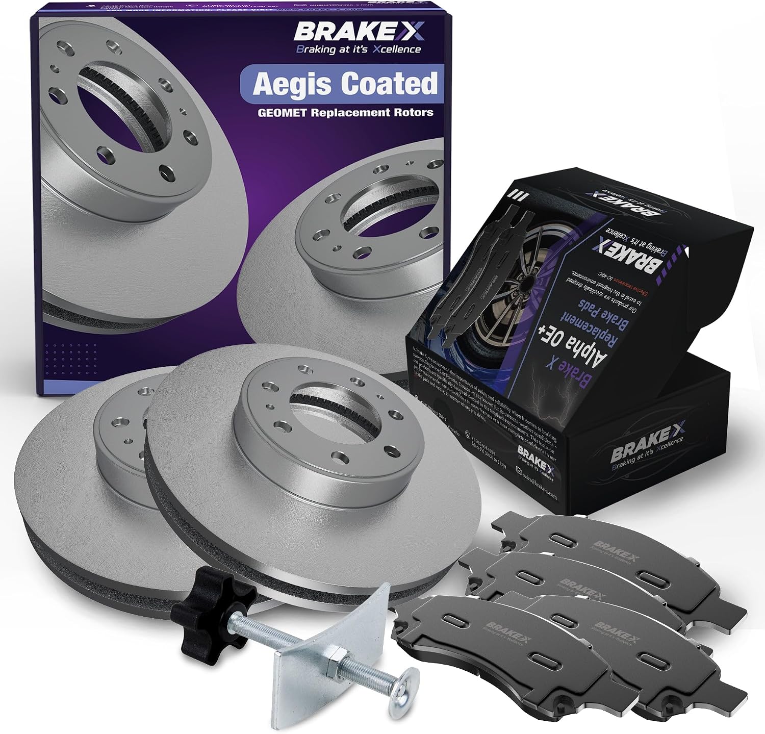 Brake X Front Brake Pads and Rotors Kit with brake caliper compression tool replacement for 2011-2013 FORD FIESTA | AEGIS GEOMET Coated Rotors and Alpha Ceramic Brake Pads