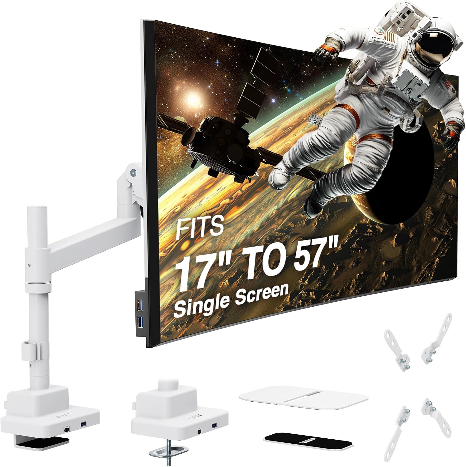 AVLT Single 57 Inch Heavy Duty Monitor Arm Pole Top Mount with USB-C&A Ports-White, Height Adjustable, Easy Install Top C-Clamp/Grommet with Reinforcement Plates, VESA Compatible 200/100/75