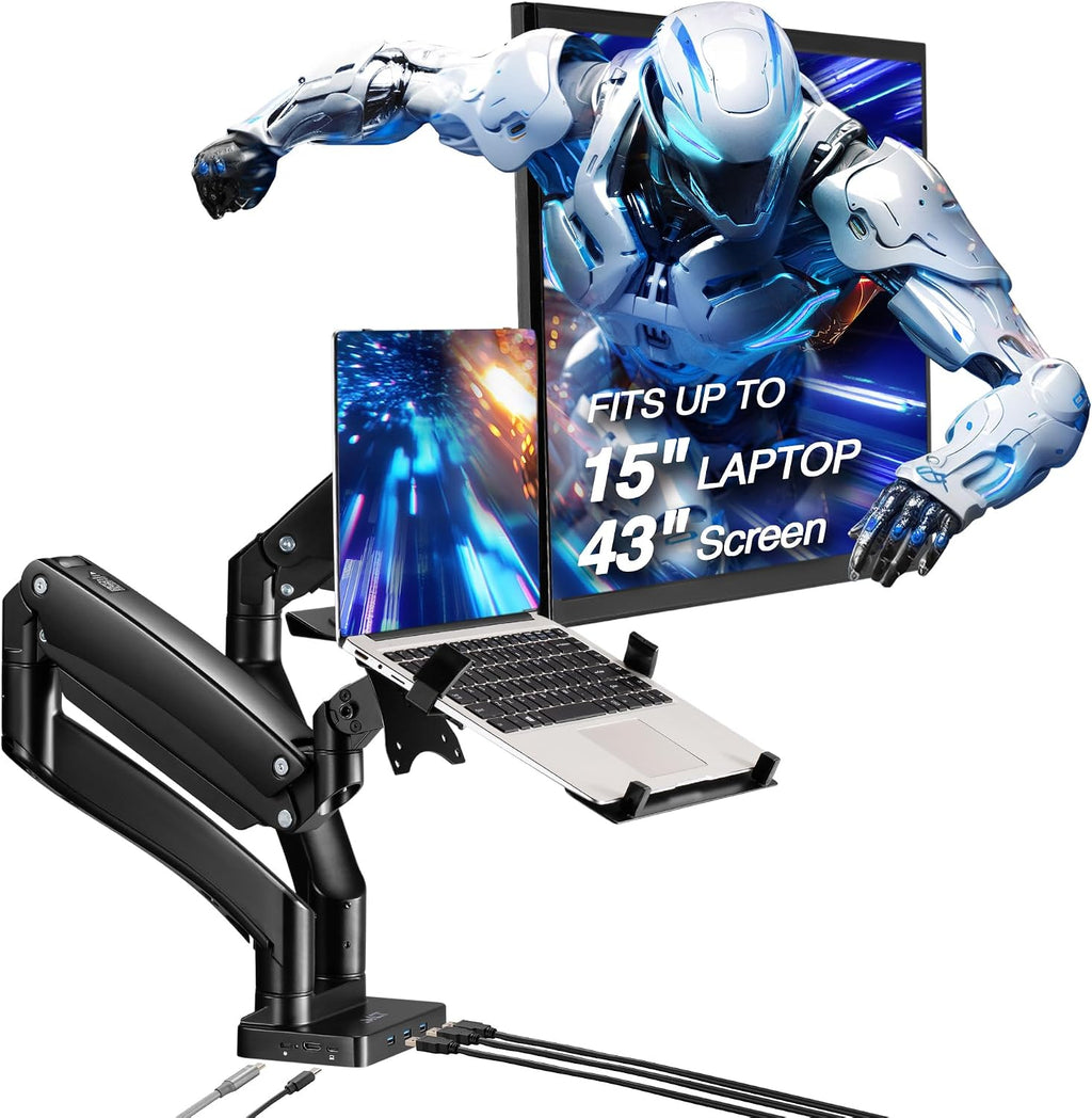 AVLT Dual 17'-43' Monitor Arm Desk Mount with 15' Laptop Tray and USB-C&A Docking Station 5Gbps, HDMI 4K60Hz, Ethernet, 100W PD, Fits Two Flat/Curved Monitor - Black