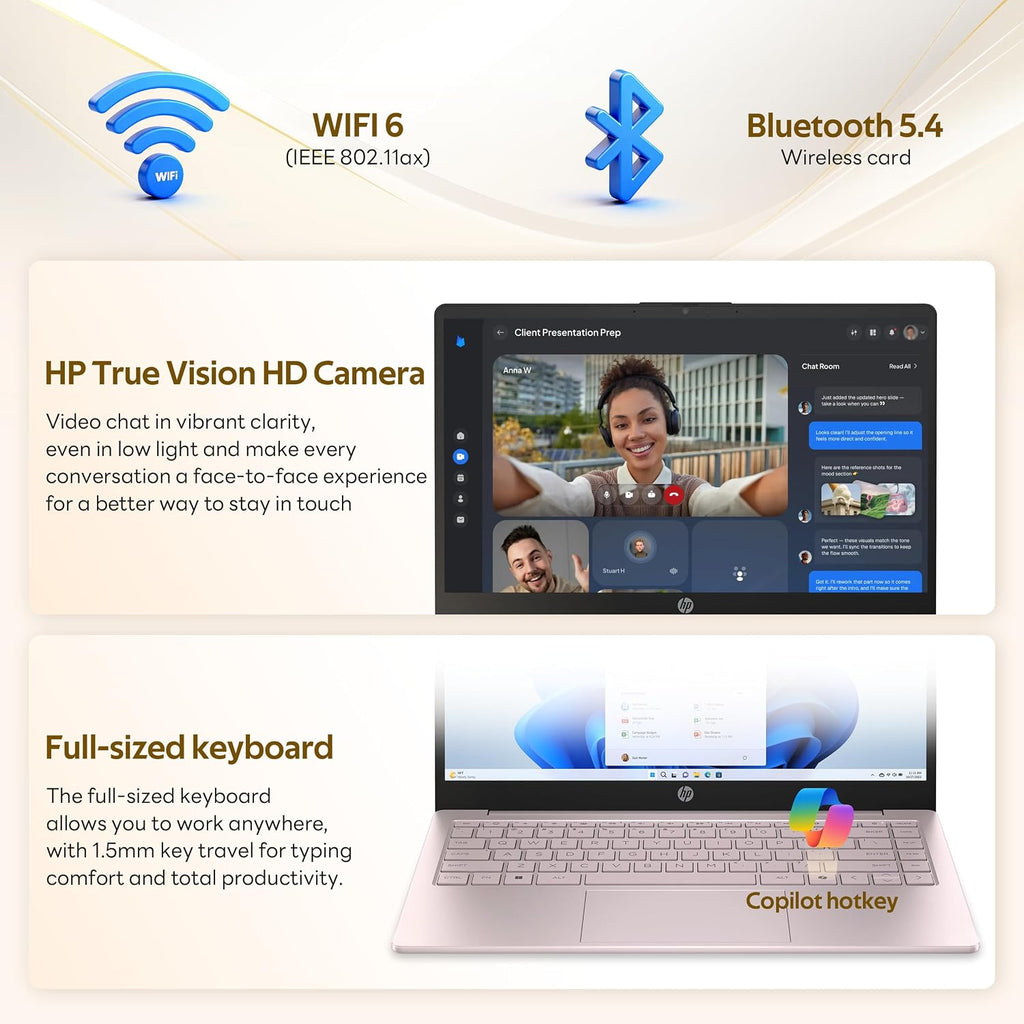 HP Flagship 14' HD Student&Business Laptop with AI Copilot, 13th Gen Intel 4-Core, 4GB RAM, 256GB Storage (128GB UFS + 128GB Docking Station), 1 Year Office 365, 720p Webcam, Win 11, Tranquil Pink