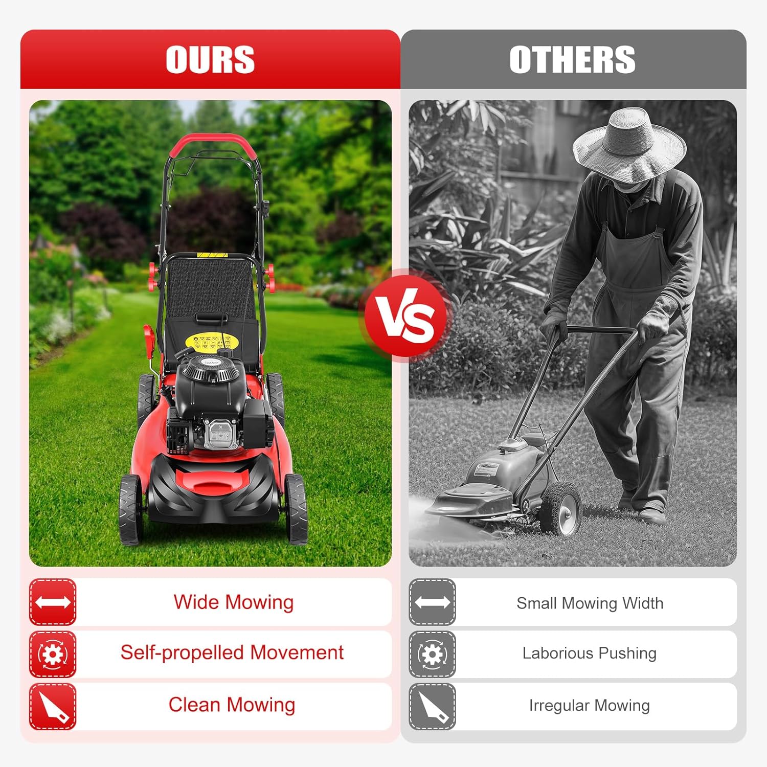Gas Lawn Mower, 5HP 140CC 4-Stroke Self Propelled Gas Lawn Mower 2800RPM High Speed Gas Powered Weed Sweeping Machine with 20-Inch Cutting Width, 8 Gears Height Adjustable Lawn Mower for Garden Lawn