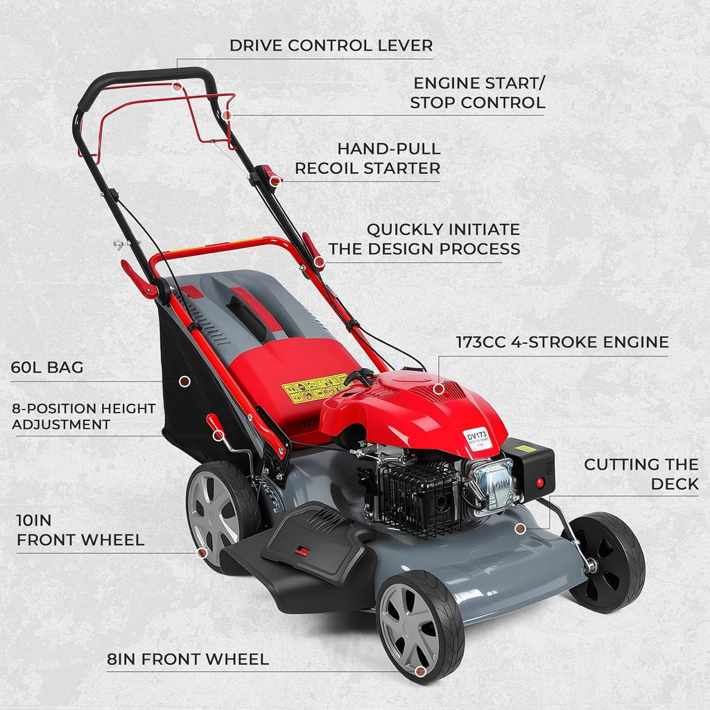 20-Inch Self-Propelled Lawn Mower, 173cc Gas Engine Push Mower with Adjustable Cutting Height 25-75mm, Rear Wheel Drive Grass Cutter 60L Grass Tank Yard Lawn Landscaping Tool (Red)