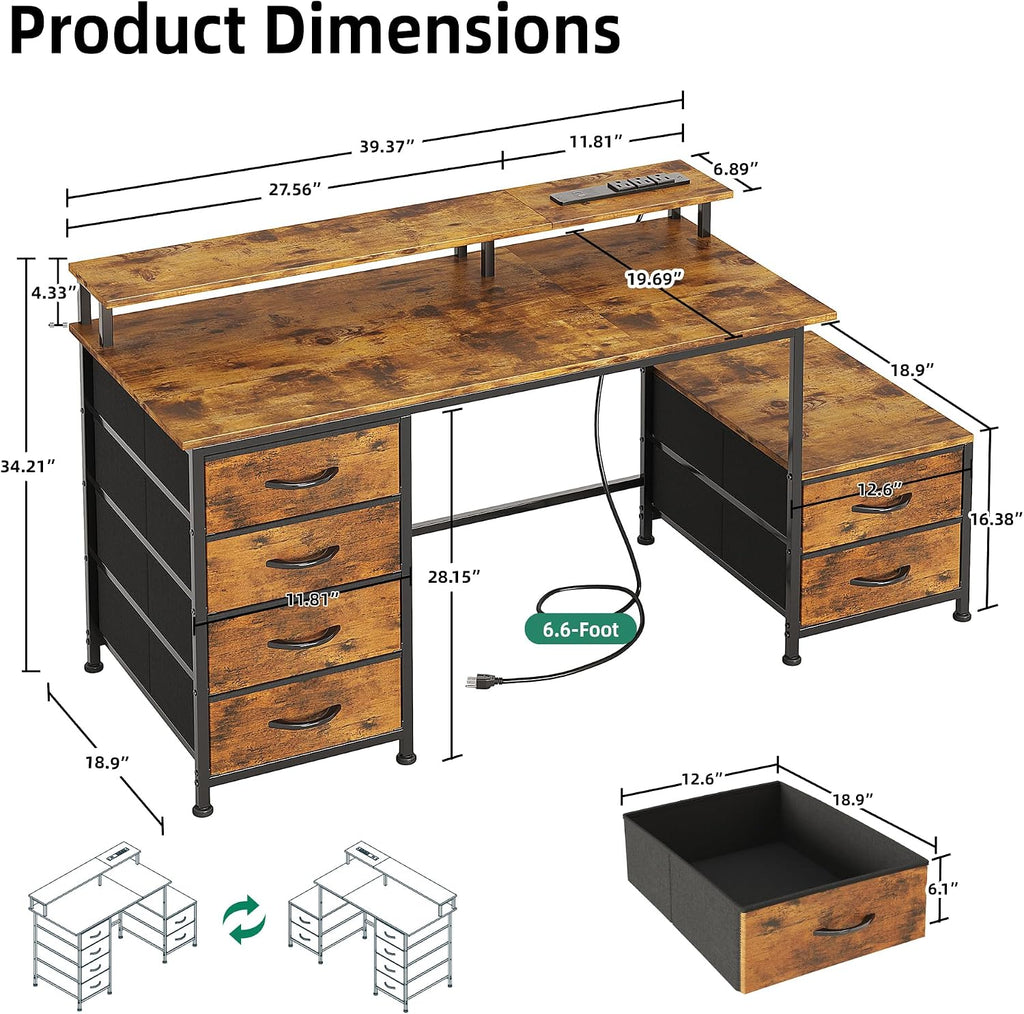 52 Inch Office Desk with 6 Drawers and Printer Space for Storage, Reversible Computer Desk with Monitor Stand & Power Outlets, Home Office Desks, Vintage