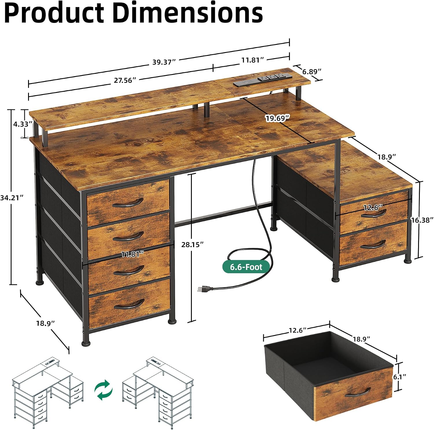 52 Inch Office Desk with 6 Drawers and Printer Space for Storage, Reversible Computer Desk with Monitor Stand & Power Outlets, Home Office Desks, Vintage