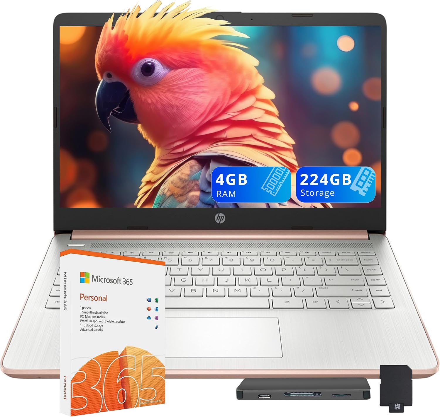 HP Stream 14' HD Business Laptop, Intel Celeron N4120, 4GB RAM, 224GB Storage (64GB eMMC + 160GB Docking Station Set), Intel UHD Graphics, 720p HD Camera, Wi-Fi, 1 Year Office 365, Win 11, Gold