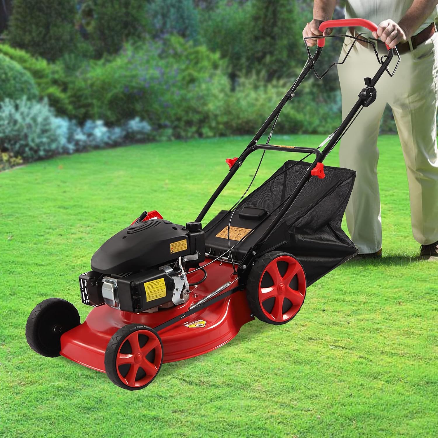 Gas Powered Lawn Mower Self Propelled, 140CC 4 Stroke Gas Mower 3-in-1 w/Bag, 8 Adjustable Heights, 20-inch Cutting Width, Push Gas Lawn Mower for All Lawn Planting Weeding
