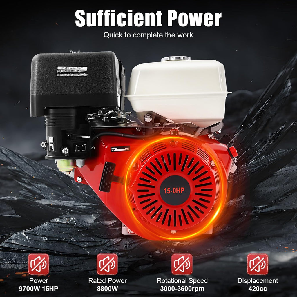 4 Stroke Gasoline Engine, 15HP 420CC Gas Engine, 9700W 3600RPM Go Kart Motor Engine, for Lawnmowers, Go Karts, Compressors, Trenchers