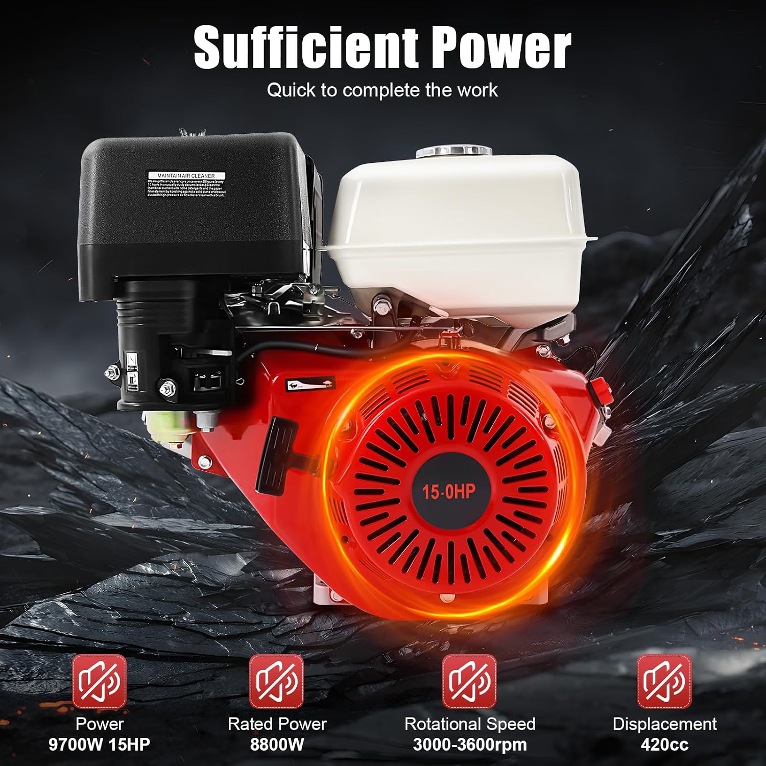 420CC 15Hp Gas Engine, 4-Stroke Horizontal Shaft Gas Powered Engine Gas Lawn Mower Industrial Grade Replacement Gas Motor W/Single Cylinder System for Go-Karts Compressors Lawn Mowers Water Pumps
