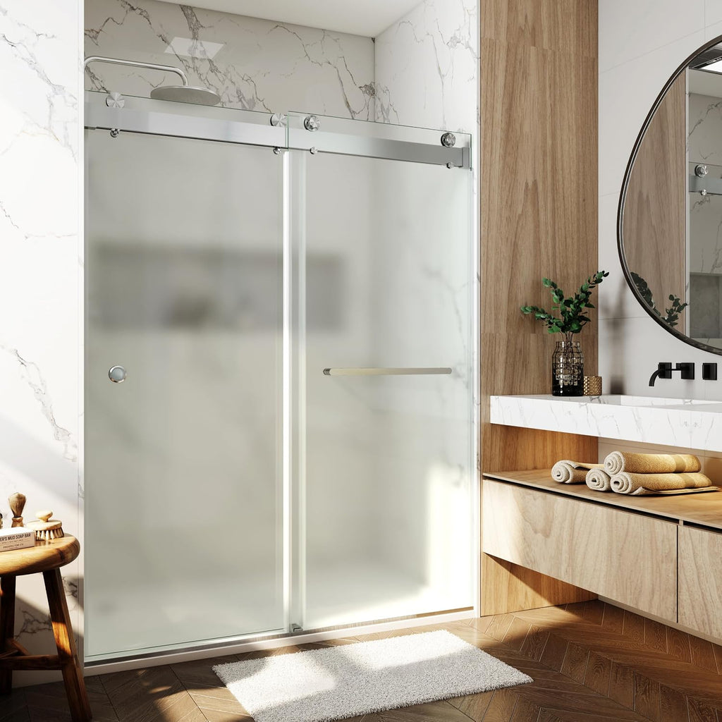 3/8'(10mm) 56-60' W x 76' H Shower Doors Frosted Glass Soft Closing Double Sliding Frameless Hidden Pull Handle and Towel Bar Handle Stainless Steel Hardware (Brushed Nickel)