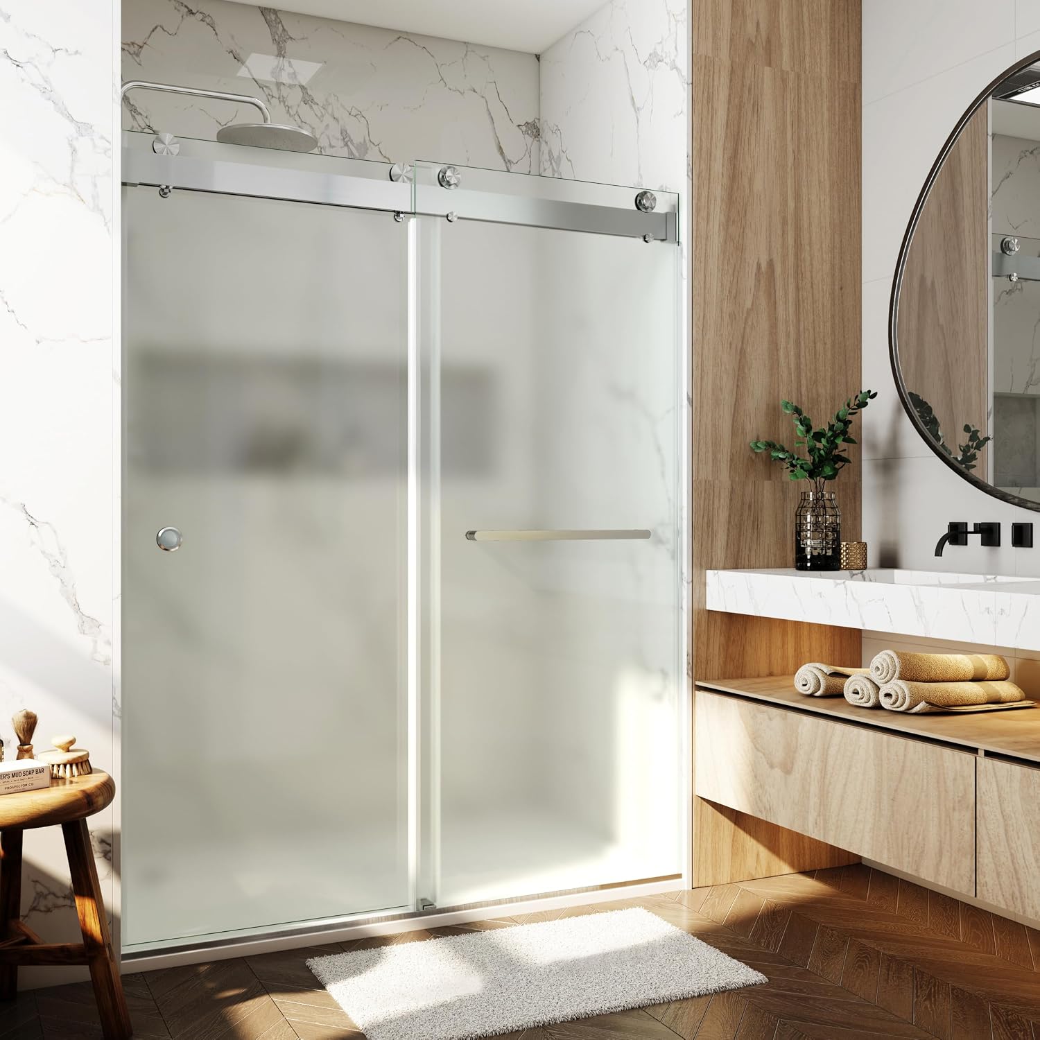 3/8'(10mm) 56-60' W x 76' H Shower Doors Frosted Glass Soft Closing Double Sliding Frameless Hidden Pull Handle and Towel Bar Handle Stainless Steel Hardware (Brushed Nickel)