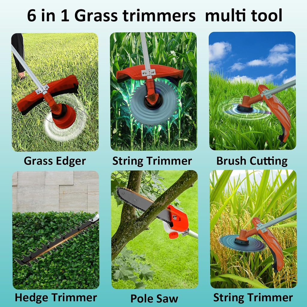 52cc Gas Weed Wacke, 6 in 1 Weed Eater 2-Stroke String Trimmer Brush Cutter Gas Grass Trimmer Lawn Mower Grass Cutter