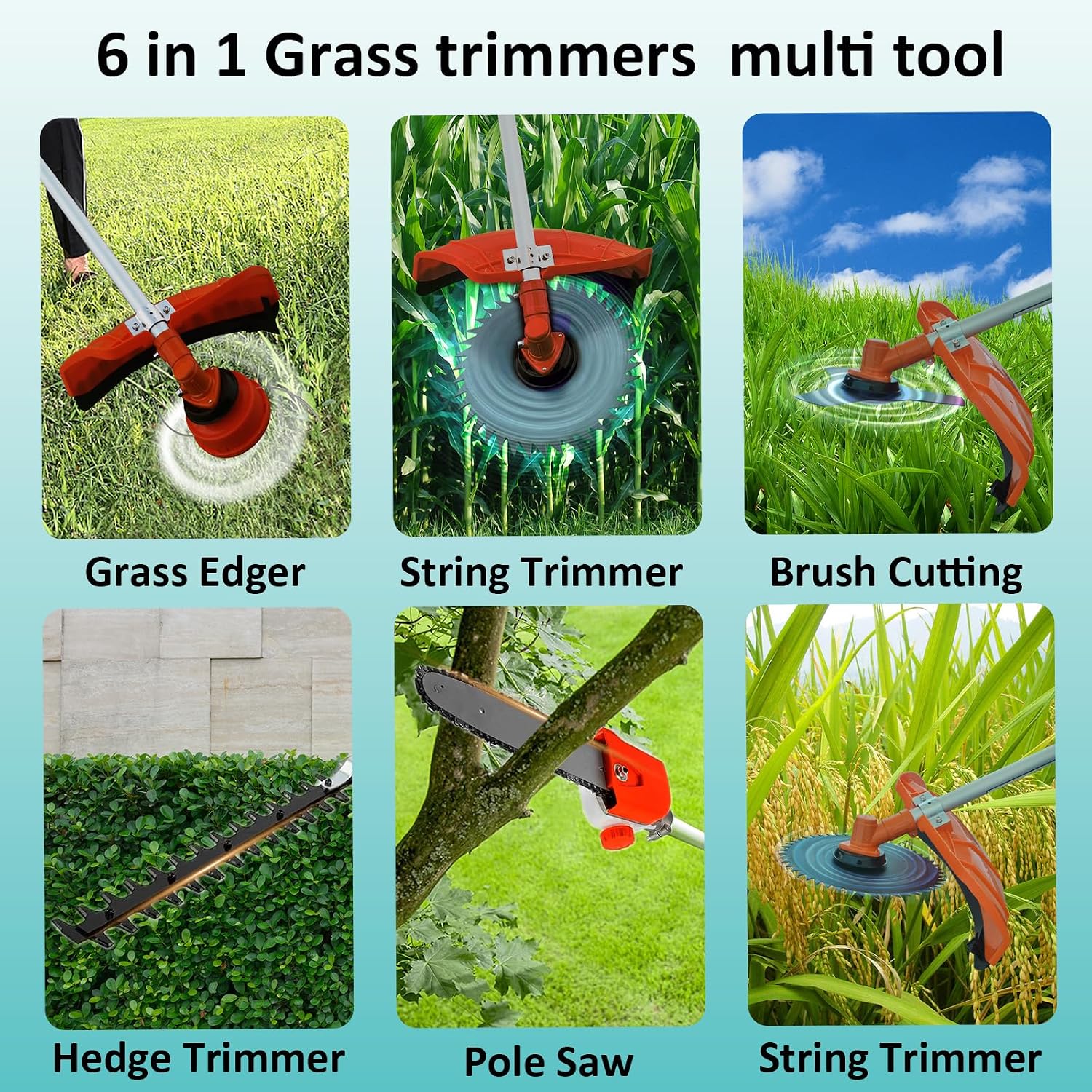 52cc Gas Weed Wacke, 6 in 1 Weed Eater 2-Stroke String Trimmer Brush Cutter Gas Grass Trimmer Lawn Mower Grass Cutter