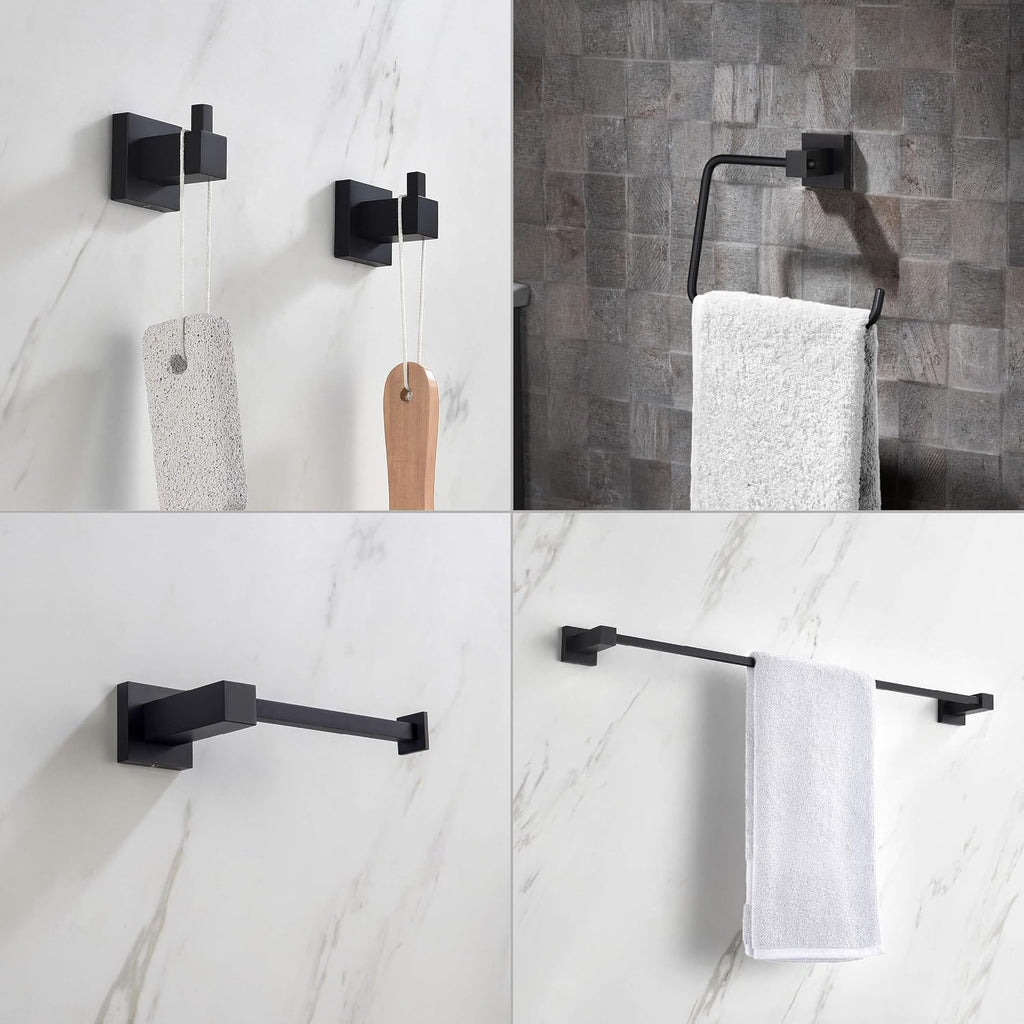 KIBI Cube 5-Piece Bathroom Hardware Set – Wall Mounted Bath Accessories Kit, Premium Brass, Includes Towel Bar, Towel Ring, Toilet Paper Holder, Robe Hook & Towel Hook (Matte Black, C-KBA15-5-1)