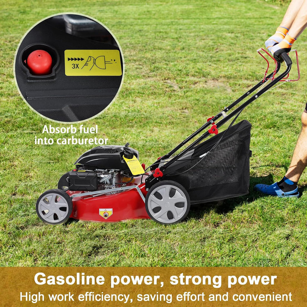 3 in 1 Gas Lawn Mower Self Propelled,141cc OHV Engine with Air Cooling,Push Lawn Mower with 50L Grass Tank,Big Wheels, 8-Level Height Adjustment, 20L Grass Catcher,Foldable Design(Red)