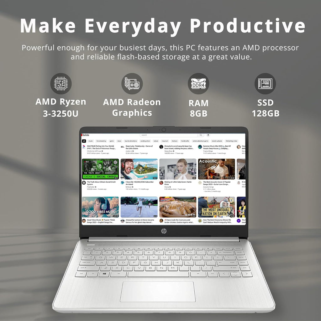 HP 14' FHD IPS Laptop, AMD Ryzen 3 3250U Processor, 8GB RAM, 128GB PCIe SSD, AMD Radeon Graphics, 720p HD Webcam, Dual Speakers, Wi-Fi, Bluetooth, Windows 11 S, Silver (Renewed)
