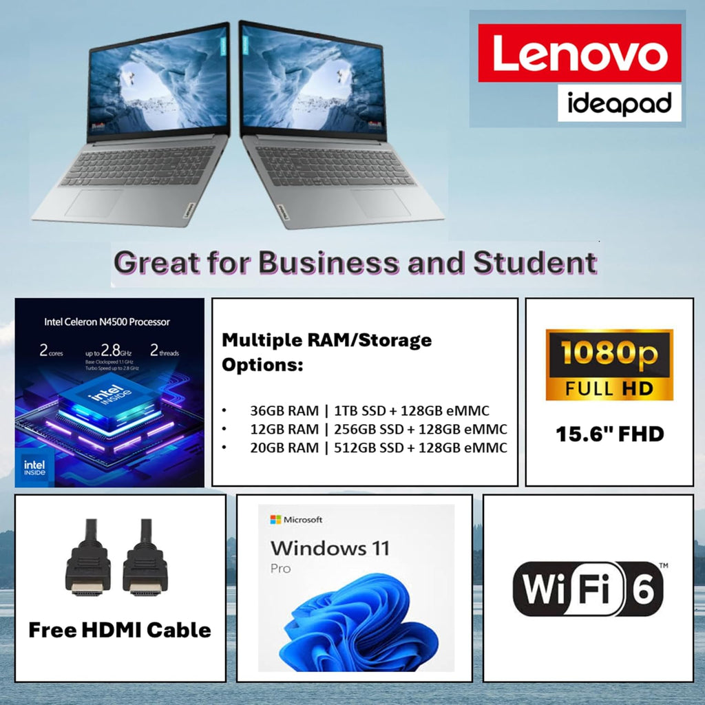 Lenovo IdeaPad 15.6' FHD Laptop for Business and Student, 36GB RAM, 1TB SSD, Intel Dual-core Processor, WiFi6, Bluetooth 5.2, Type-C, HDMI, Cloud Grey, Windows 11 Pro, Z&O Accessories