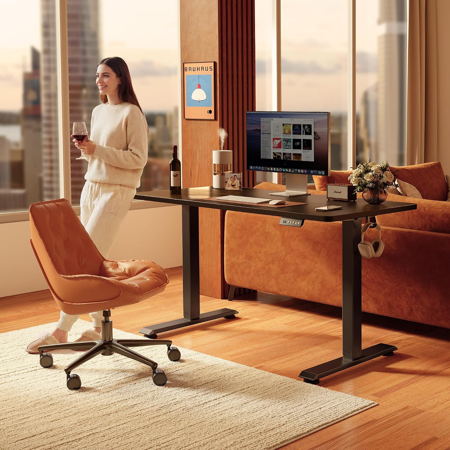FEZIBO 40 x 24 Inchs Electric Standing Desk, Height Adjustable, Sit Stand Up, Computer Office Desk with Splice Board, Black Frame/Black Top