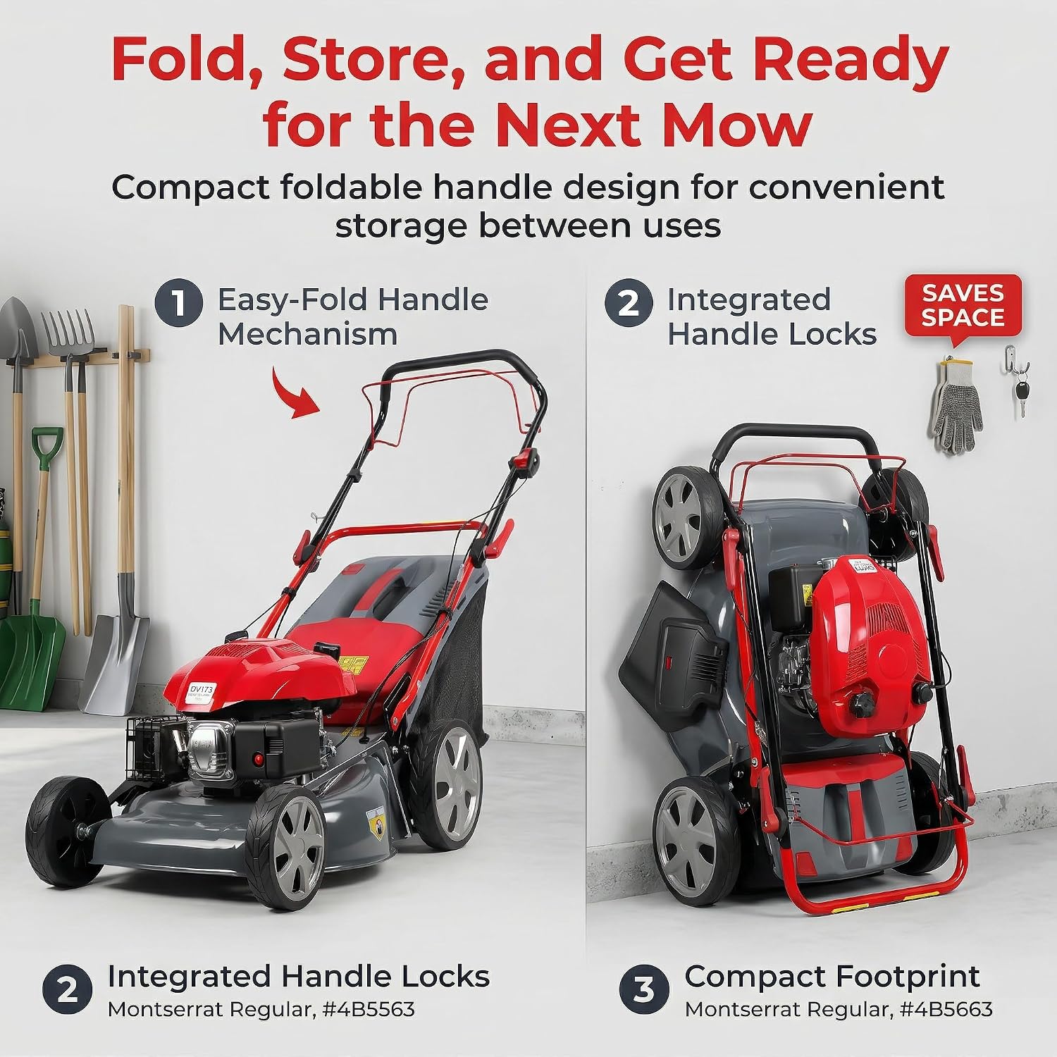 173cc Gas Lawn Mower, Self-Propelled Rear Wheel Drive, Adjustable 3-Speed Settings, 20' Cutting Width, 60L Grass Catcher, Ideal for Large Lawns, Easy Start & Efficient Grass Collect Red