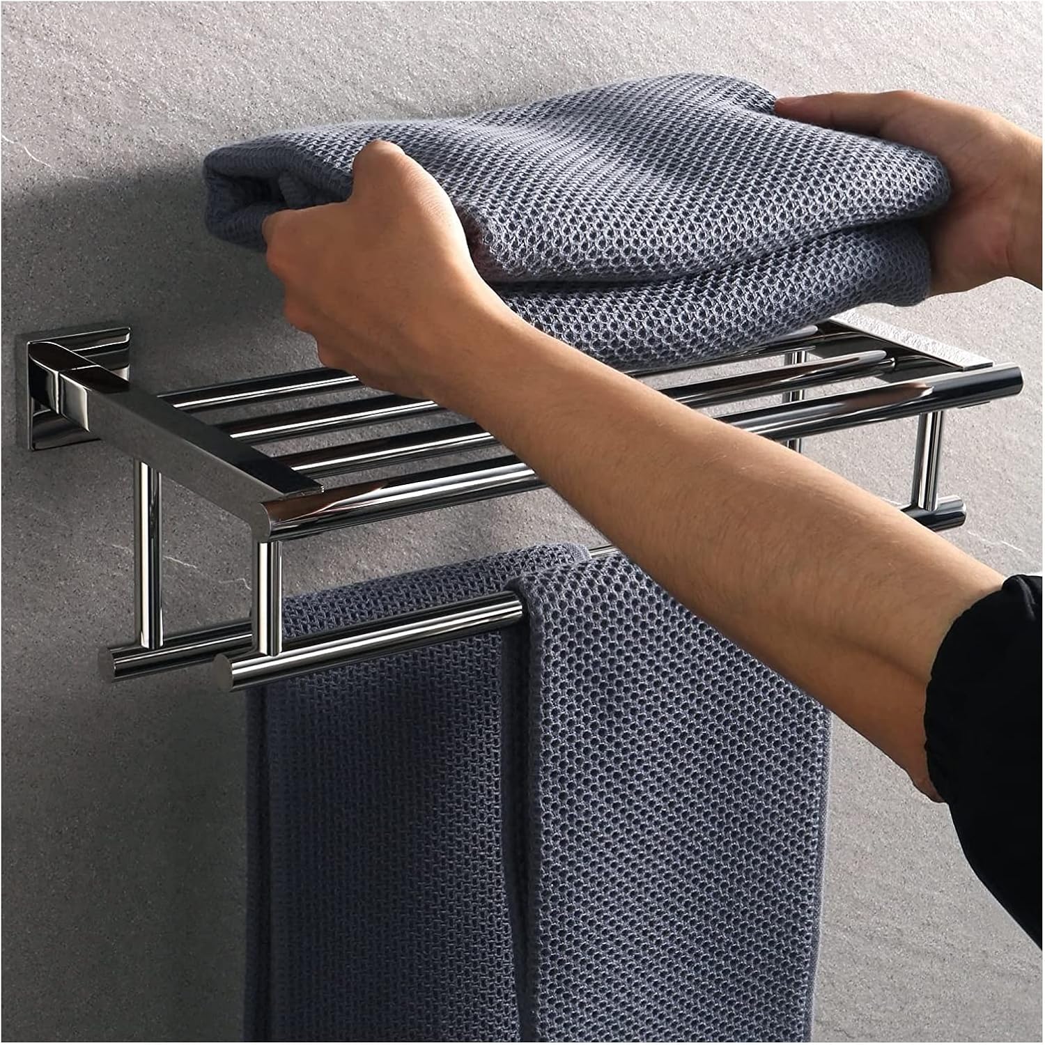 Towel Rail Bathroom Wall Mounted Towel Holder,Double Towel Holder with 2 Bars Bathroom Shelf,Brushed Bathroom,Wall Mounted Hanger Storage/Gold/A, Grey Wolf (Matte Black Grey Wolf)