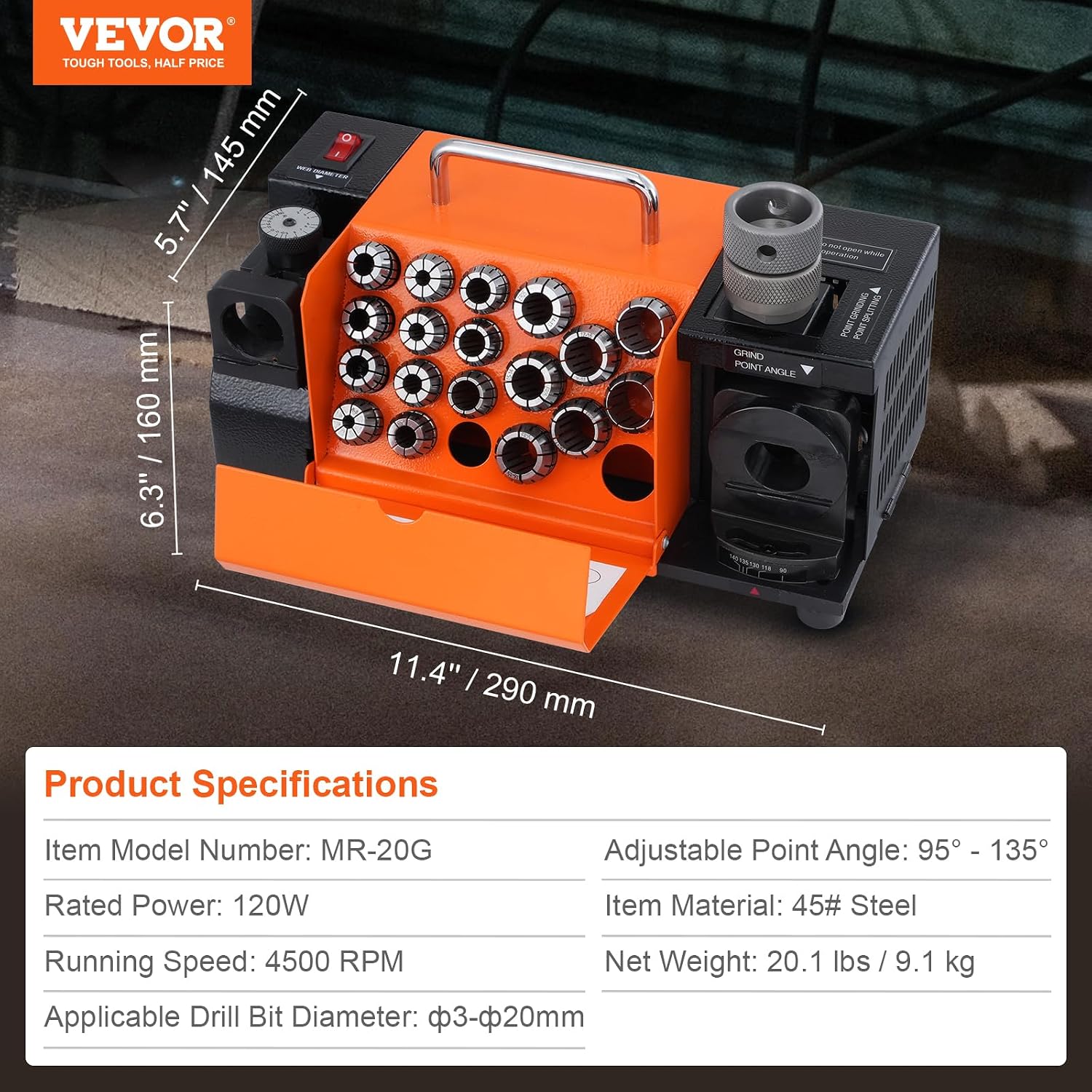 VEVOR Drill Bits Sharpener, 3-20mm Drill Bits Grinder Sharpener, Lip Relief Angle & 95°-135° Point Angle Adjustable Drill Bit Re-Sharpener, Portable Sharpening Machine with 18 Collets, CBN & SDC Wheel