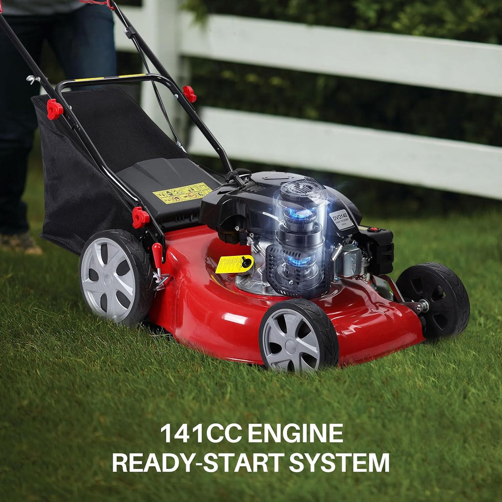 Gas Lawn Mower Self Propelled, 141cc Gas Push Mowers Walk-Behind with 20-inch Steel Deck, 8-Level Height Adjustment, 3-in-1 Mulch, Bag, Discharge, 12-inch High Rear Wheels Red