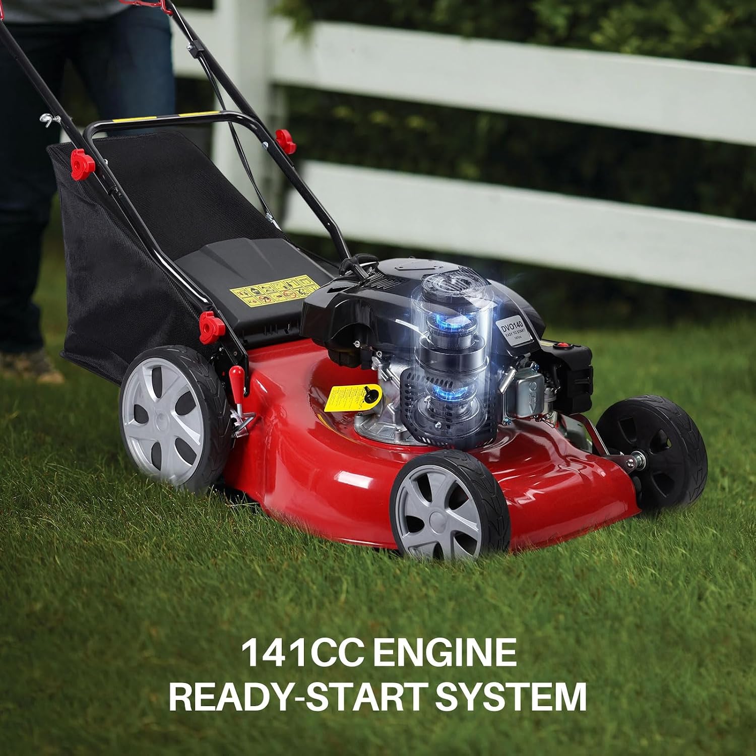 Gas Lawn Mower Self Propelled, 141cc Gas Push Mowers Walk-Behind with 20-inch Steel Deck, 8-Level Height Adjustment, 3-in-1 Mulch, Bag, Discharge, 12-inch High Rear Wheels Red