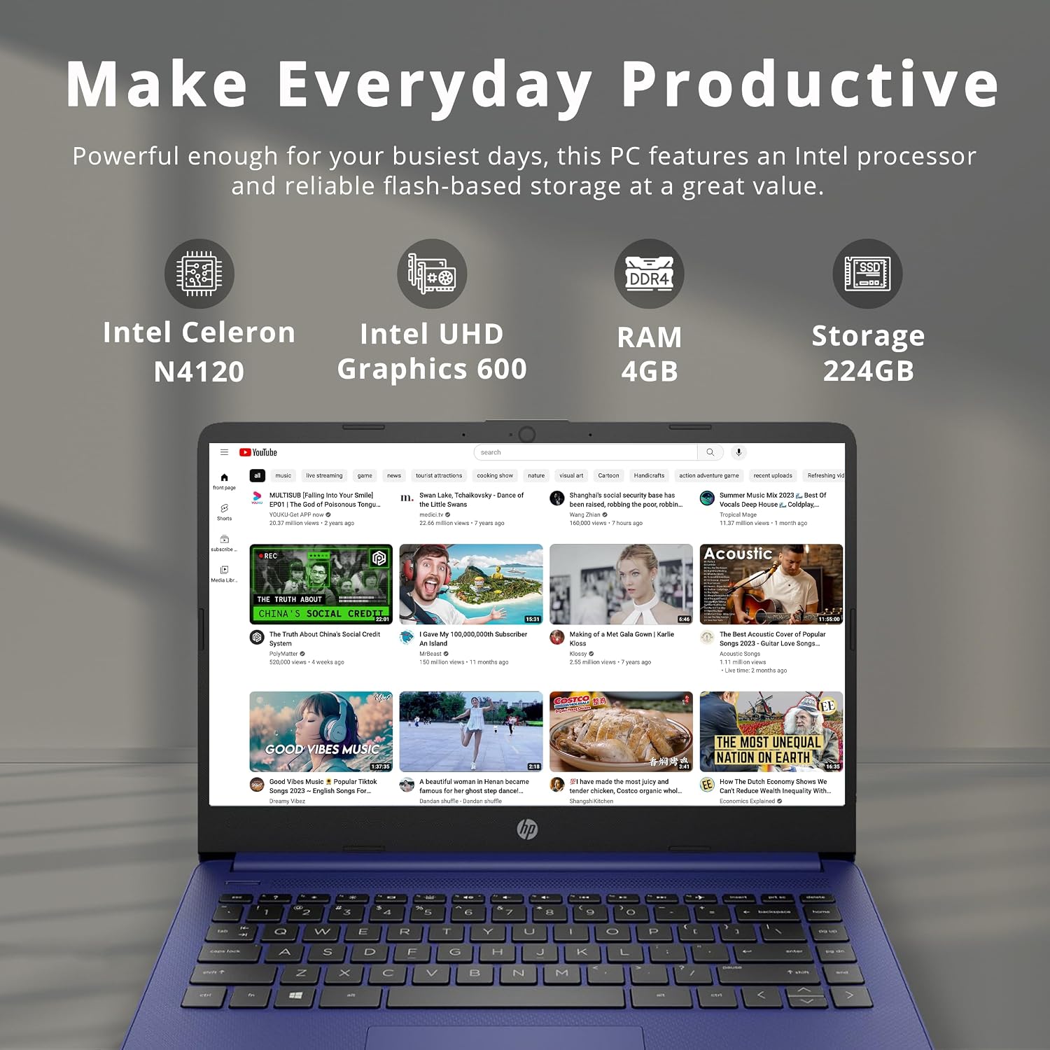 HP Stream 14' HD Business Laptop, Intel Celeron N4120, 4GB RAM, 224GB Storage (64GB eMMC + 160GB Docking Station Set), Intel UHD Graphics, 720p HD Camera, Wi-Fi, 1 Year Office 365, Win 11, Blue