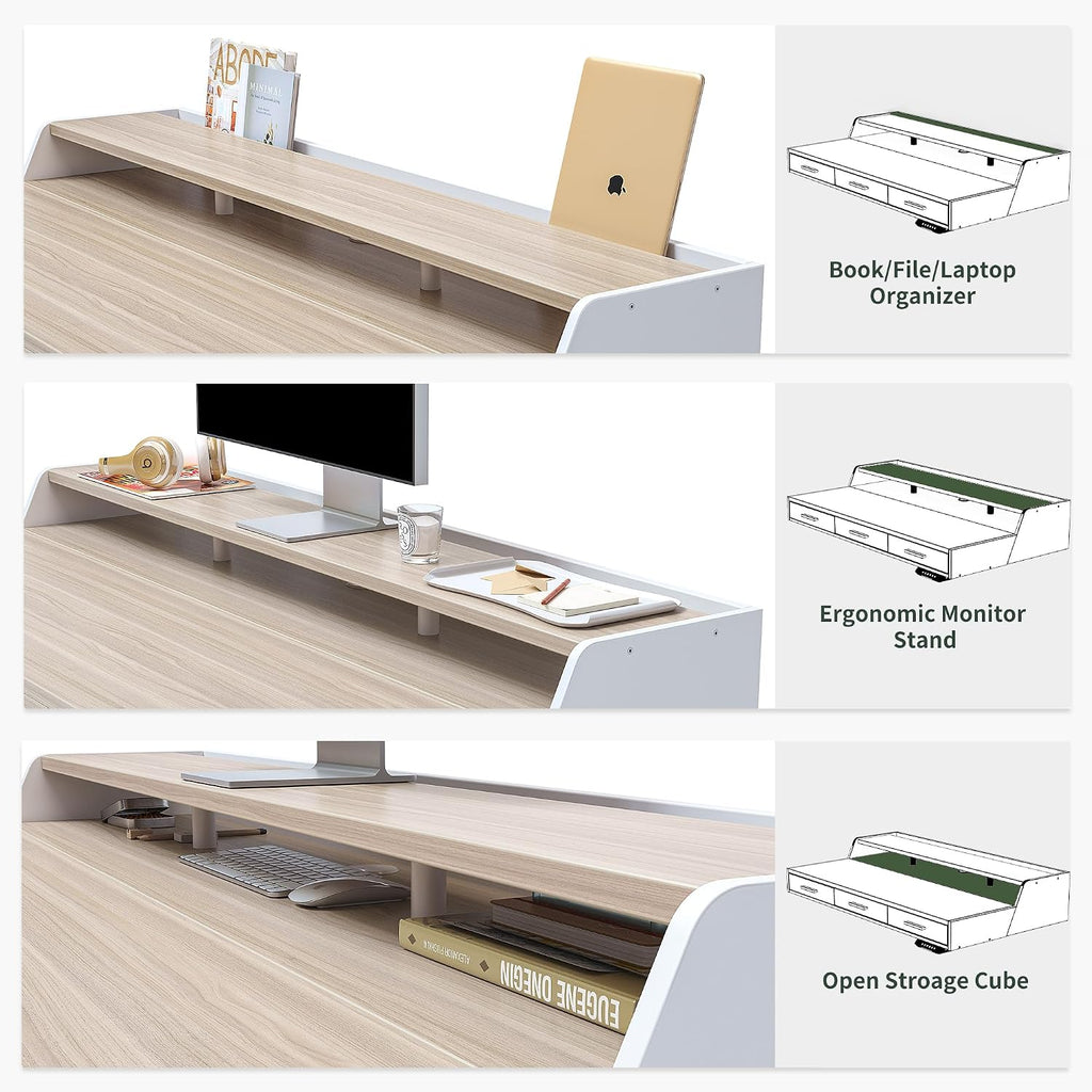FEZIBO Electric Standing Desk 55x26 Inches with 3 Wood Drawers and Monitor Shelf, Height Adjustable Computer Desk, Ergonomic Rising Home Office Desks, Sit Stand Up Workstation Table, Light Walnut