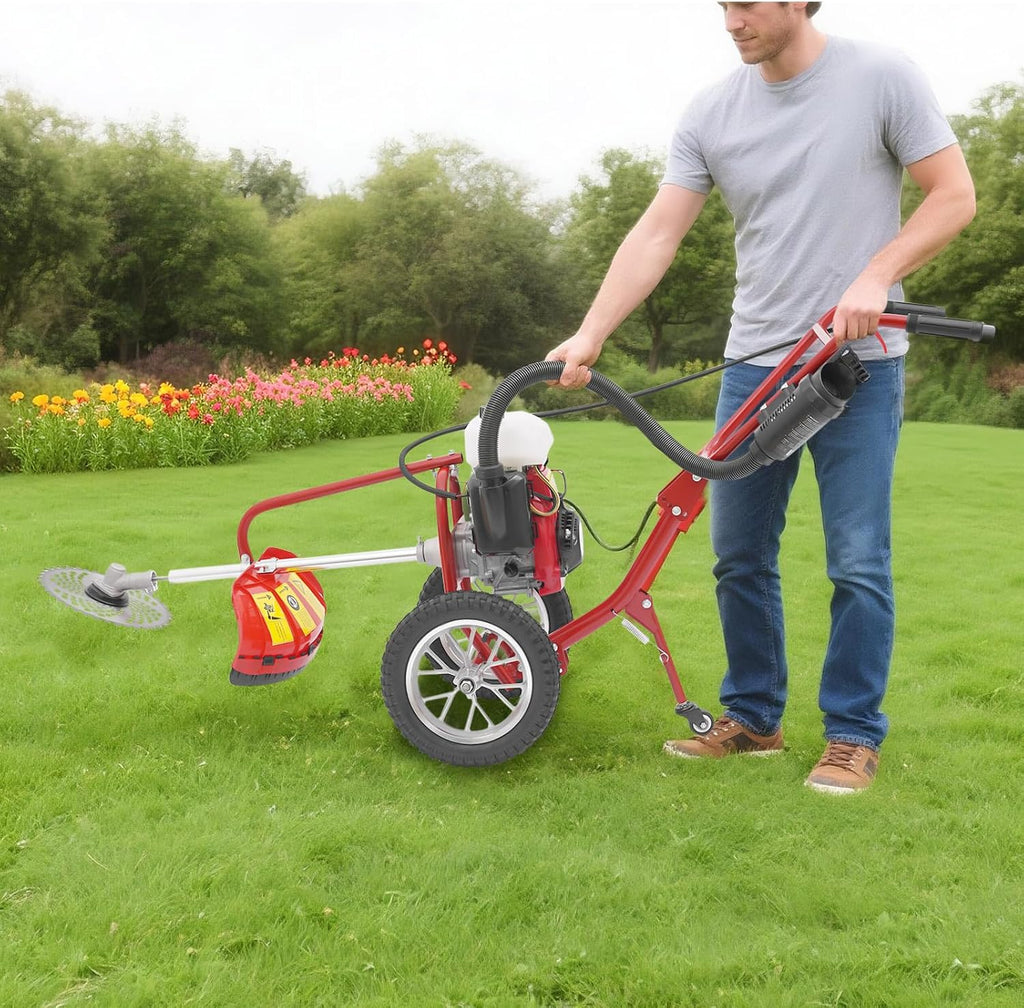 63CC 4-Stroke Gas Powered Lawn Mower, 3in1 Hand Push Lawn Mower Trimmer, Brush Mower Gasoline Brush Broom Sweeping Machine, 4HP Gas Brush Cutter String Trimmer for Yard, Farms, Parks