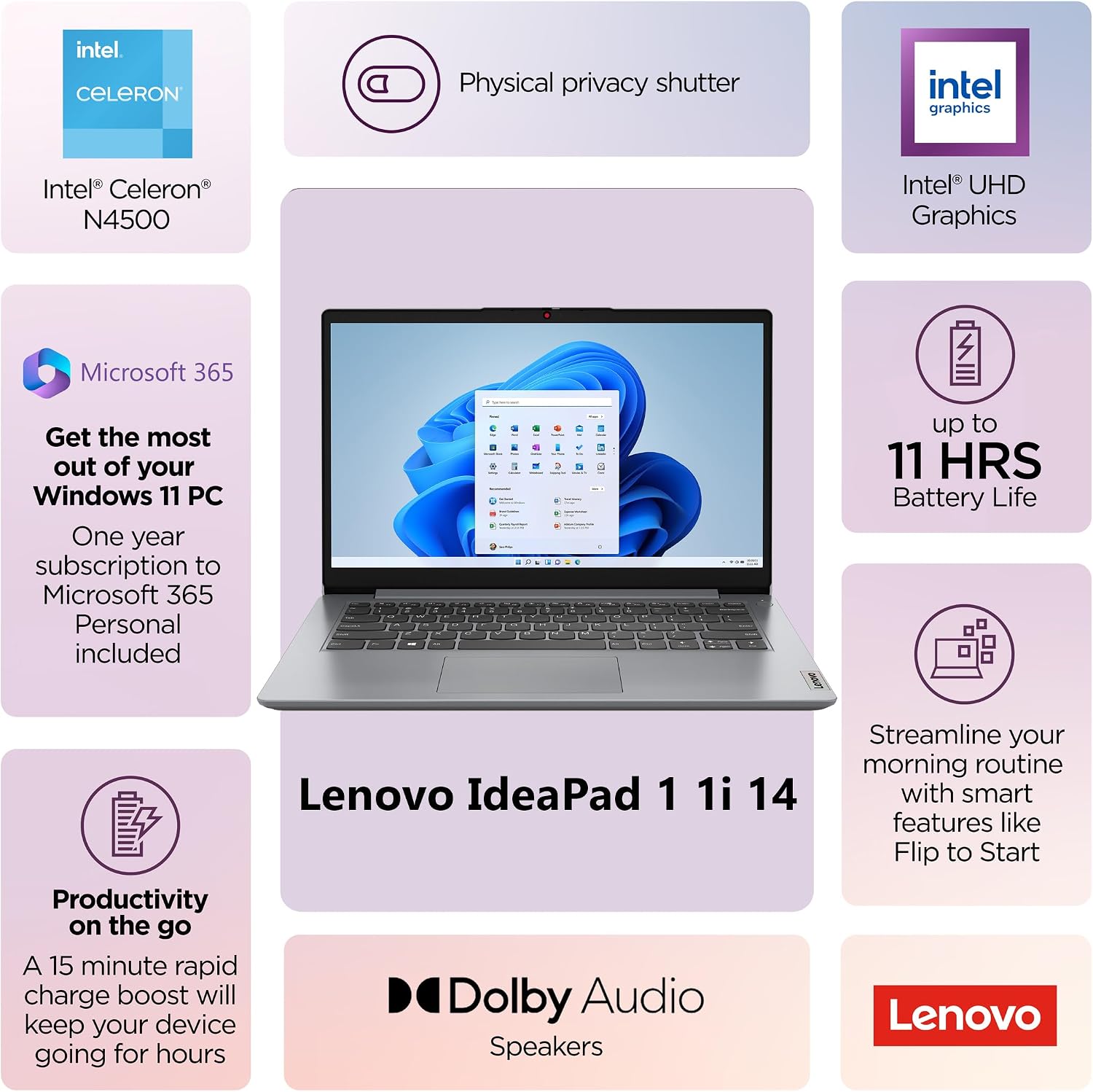 Lenovo Laptop Computer for Home and Office with Office 365, 14' HD Display, 8GB RAM, 256GB SSD, Intel Dual-Core, WiFi6, Bluetooth 5.2, USB-C, Portable Desgin, Long Battery, Windows 11 Home