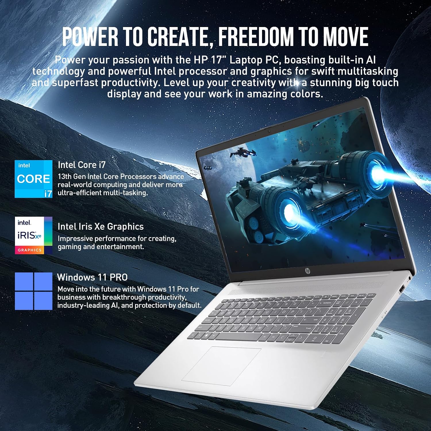 HP 17 Inch Laptop Touchscreen Computer, 17.3' HD+ Touch Screen Business Laptop PC, Intel Core i7, 32GB RAM 1TB SSD, Windows 11 Pro, Copilot AI, 10-Key Number Pad, Fingerprint