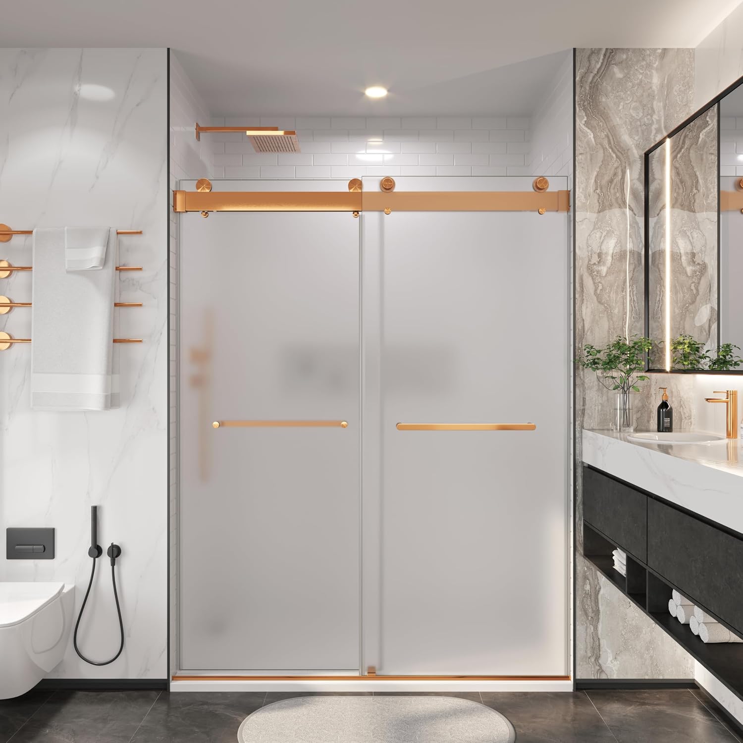 3/8'(10mm) Frosted Glass Shower Doors 56-60' W x 79' H Soft Closing System Double Sliding Frameless Towel Bar Handle Stainless Steel Hardware (Brushed Gold)