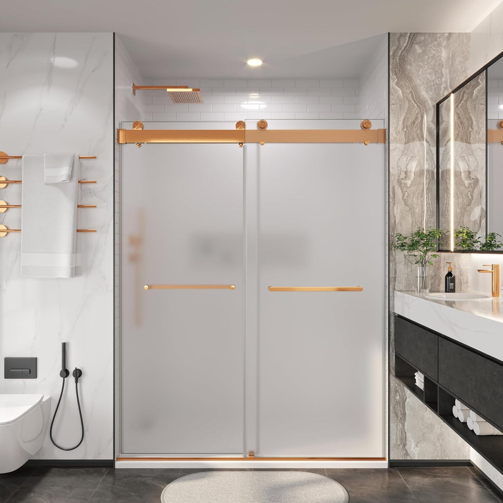3/8'(10mm) Frosted Glass Shower Doors 56-60' W x 76' H Soft Closing System Double Sliding Frameless Towel Bar Handle Stainless Steel Hardware (Brushed Gold)