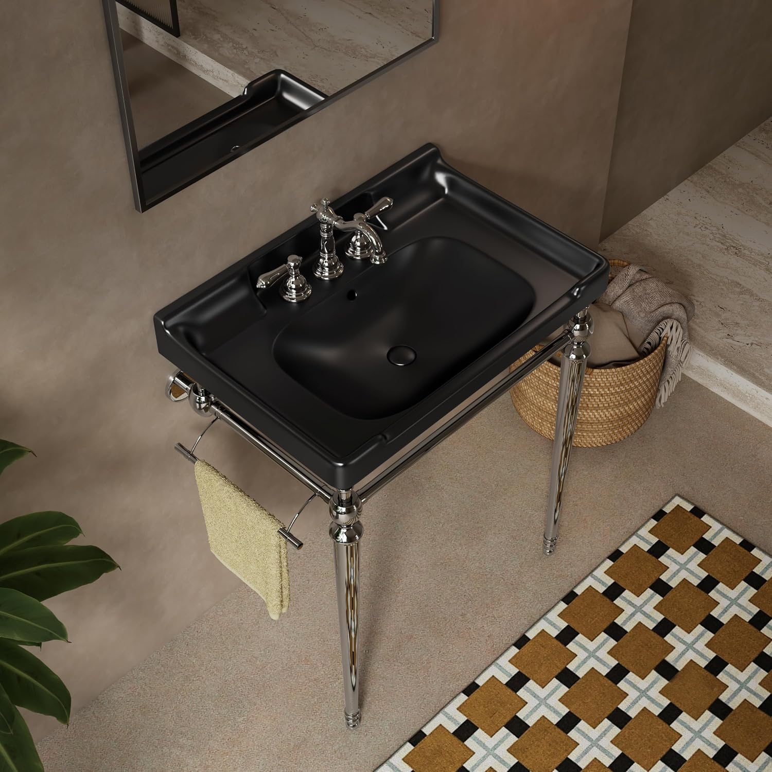 28' Free Standing Bathroom Vanity with Stainless Steel Chrome Supporting Leg and Towel Rack, Black Bathroom Console Sink with 3 Tap Holes, Black
