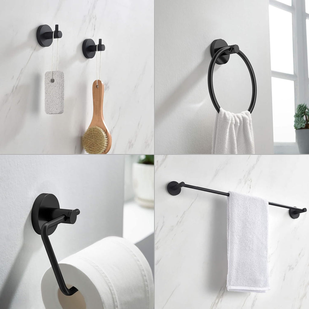KIBI 5-Piece Bathroom Hardware Set – Wall Mounted Circular Bathroom Accessories Kit with 24 Inch Towel Bar, 10 Inch Towel Ring, Toilet Paper Holder & 2 Robe Hooks – Matte Black
