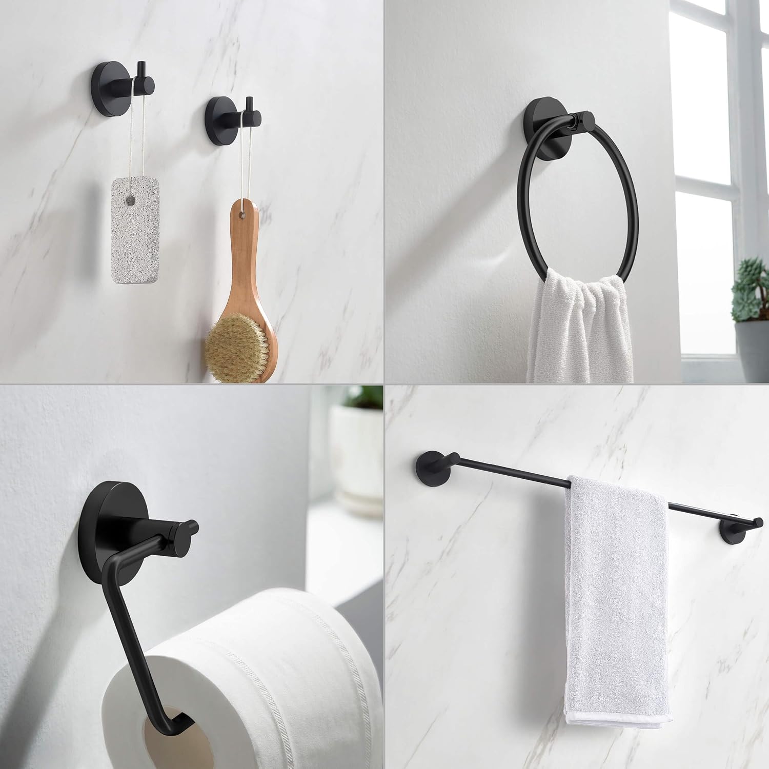KIBI 5-Piece Bathroom Hardware Set – Wall Mounted Circular Bathroom Accessories Kit with 24 Inch Towel Bar, 10 Inch Towel Ring, Toilet Paper Holder & 2 Robe Hooks – Matte Black