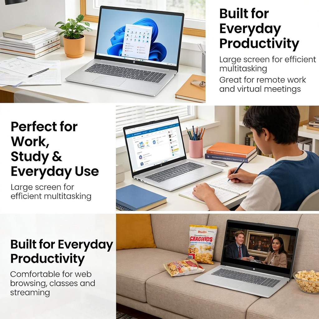 HP 17.3' HD+ Touchscreen Laptop (2026), AMD Ryzen 5 7430U (Up to 4.3GHz), 12GB DDR4 RAM, 512GB PCIe NVMe SSD, Wi-Fi 6, Backlit Keyboard, Bluetooth 5.4, HP Fast Charge, Windows 11 Pro, Natural Silver
